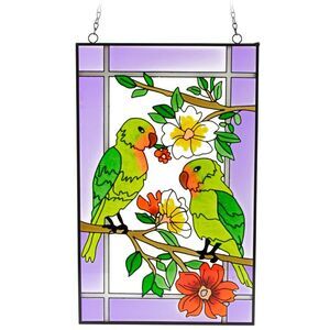 Lovebirds in Plumeria Glass Hanging Suncatcher 16" x 10"